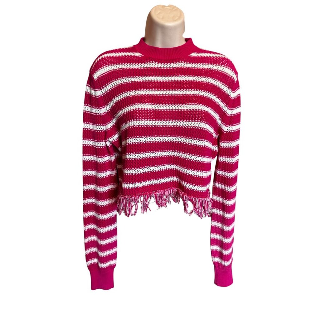MSGM Milano Womens Knit Cropped Sweater S Pink White Striped Fringe Hem Italy